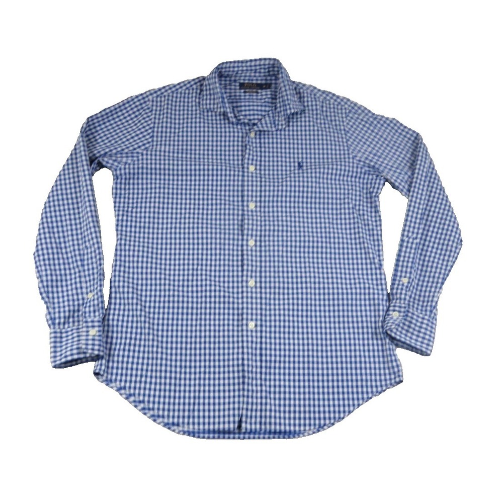 Polo Ralph Lauren Performance Shirt Mens Medium Blue Gingham Plaid Nylon Stretch